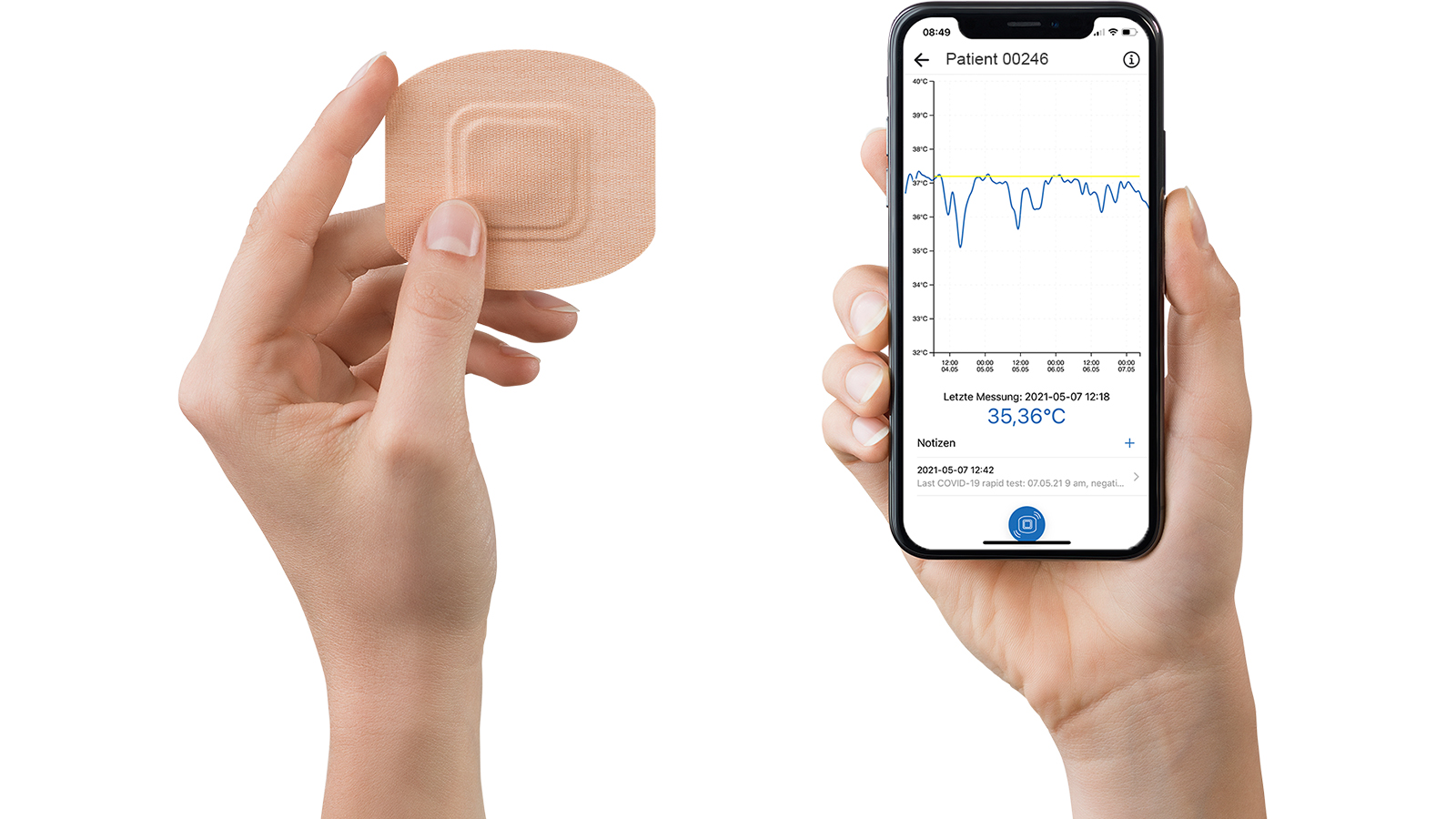 Smart patches developed by medical startup SteadySense allow continuous and very accurate body temperature measurement|Flexible miniaturized electronic system featuring sensors and communication chips supplied by AT&S is at the heart of new medical applications